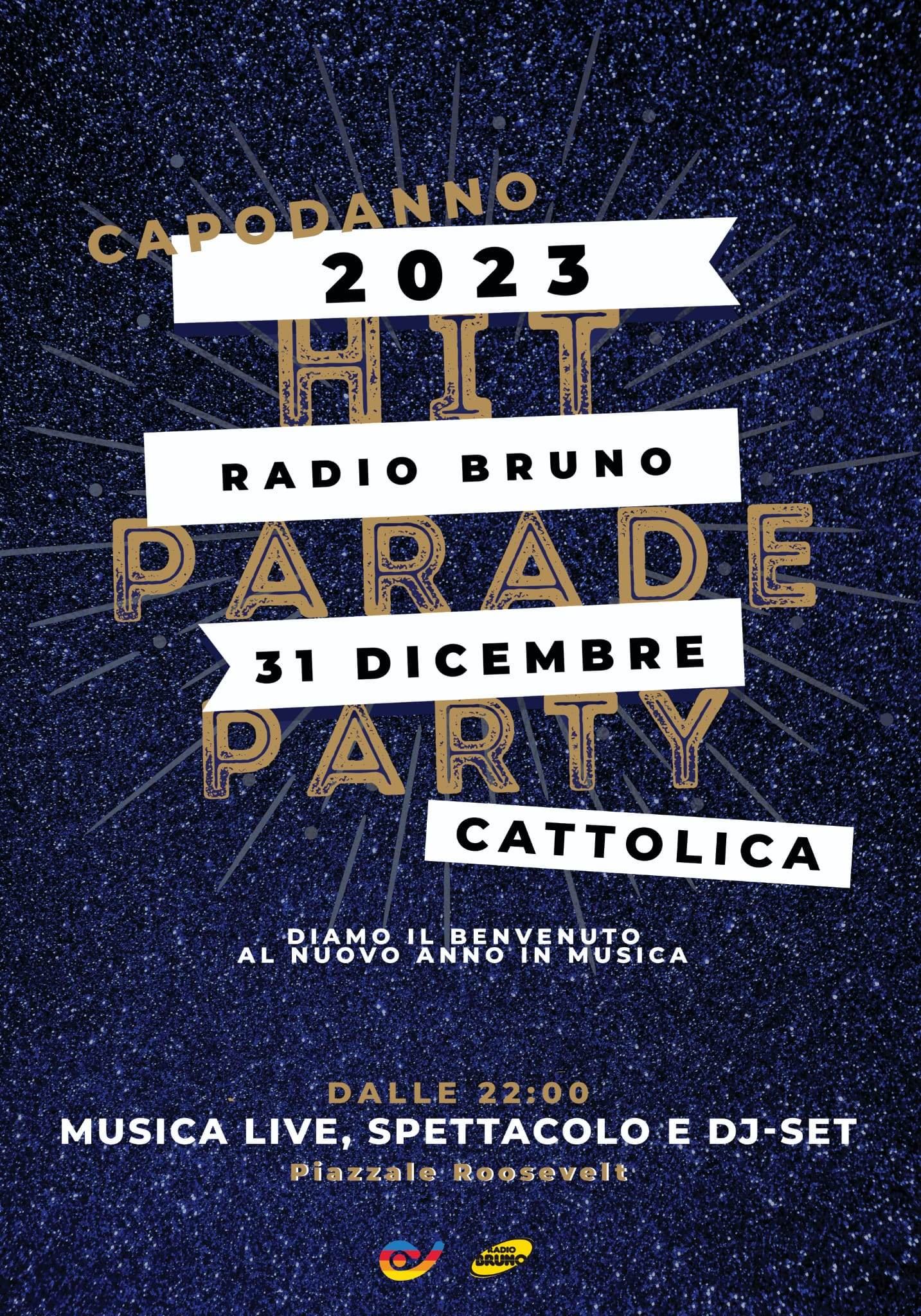 Capodanno con radio Bruno, locandina evento in blu e oro con testo "Hit Parade party" format musicale di radio Bruno