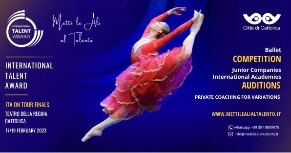 International Talent Award 2023 la danza a Cattolica. Locandina dell'evento in blu con ballerina con tutù rosa